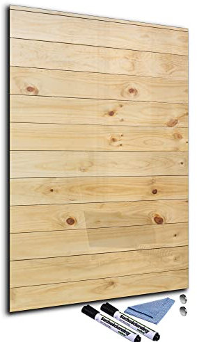 Glas-Magnettafel 60x90 cm Whiteboard Wand Beschreibbar Magnetisch Pinnwand Küche Office Büro mit Zubehör Wochenplaner Abwischbar Deko Memoboard Tafel Holz-Optik Beige