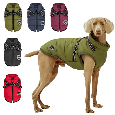 Aimydog Hundemantel Winter, Wärme Hundejacke Mit Brustgurt Gurt Winddichte mit bauchschutz, Haustier Outdoor Reflektierend Hundeweste mit Fleece Gefütterte für Kleine (Grün, 2XL)