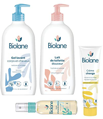 BIOLANE - Kit Essentiels Bain & Toilette - Bébé - Gel Lavant - Lait de toilette - Crème change - Huile amande douce - Peaux sensibles - Dès la naissance - Fabriqué en France