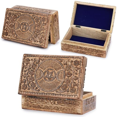 Ajuny Wooden Hand Carved Decorative Jewelry Box Moon Star Flower Carvings Vintage Keepsake Storage Organizer Travel Treasure Chest Trinket Holder Case Great Gifts 8x5 Inch