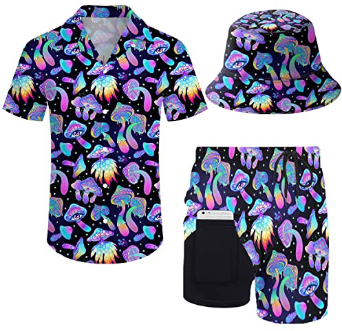 ZePinger Conjunto de camisa y pantalones cortos para hombre de los años 80, 90, traje de camisa de los años 90 con sombreros de pescador, Magic Mushrooms Psychedelic Colorful, Medium
