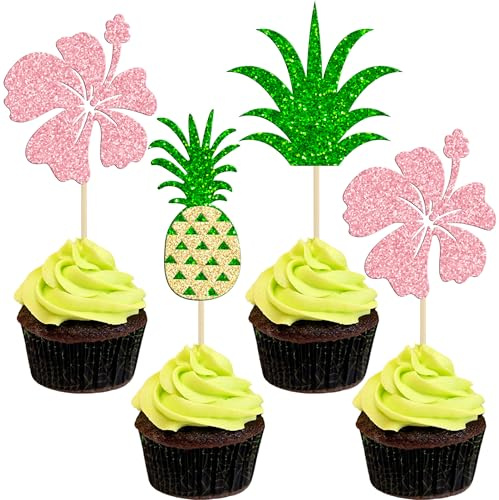 Gyufise 24 Pack Tropical Cupcake Toppers Glitter Pineapple Flower Leaf Aloha Cupcake Picks for Summer Hawaiian Luau Theme Baby Shower Birthday Party Cake Decorations Supplies