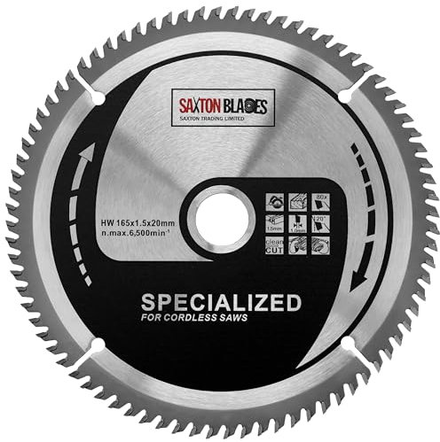 Saxton 165mm x 80T TCT Thin Kerf Fine Cut Cordless Circular Saw Blade Compatible with Dewalt Makita Bosch