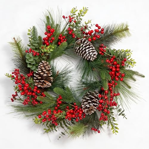 60cm Christmas Wreath Decorated with Red Berries, Eucalyptus Leaves, Pine Cones, Grapevine - Front Door Room Wall Home Hanging Xmas Decorations