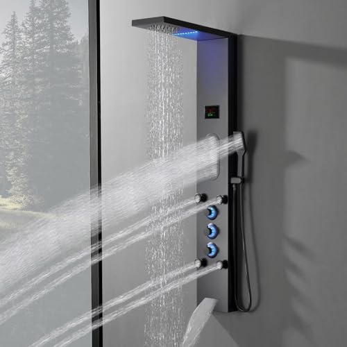 Bathfinesse Black Shower Panel Tower System, LED Light Shower Tower with Large Area Body Jet Massage Shower Fixtures with LCD Temperature Display, Adjustable Body Jets Tub Spout Hand Shower, Black