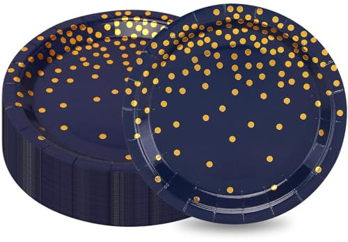 CEILWIEN - Piatti di carta blu navy, confezione da 50 con pois dorati, stoviglie per feste di compleanno