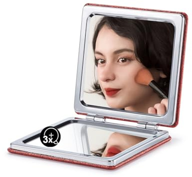 OMIRO Compact Mirror with 1x/3x Magnification, Square with PU Leather, Small Mirror for Purses, Daily Makeup (Glitter Red)