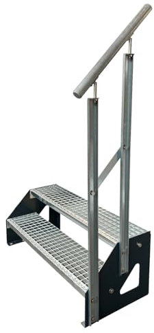 Kaminbau Mierzwa Premium Stahl Treppe Freistehend mit verzinktem Geländer Rechts/Wangen Anthrazit RAL 7016/2 Stufen verzinkt (Breite 600 mm) (Höhe 38 cm) Gitterroststufe Gartentreppe