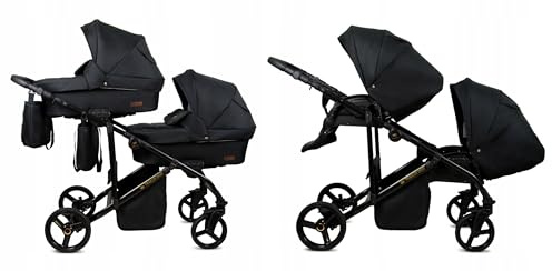BabyLux® Kinderwagen Set 2 in 1 für Zwillinge - Trailux Duo - Onyx - incl. Babywanne, Buggy Sportsitz - Geschwisterwagen Zwillingskinderwagen Kombikinderwagen mit Wickeltasche, Regenschutz