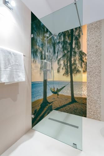 Wallario Selbstklebende Duschrückwand 180 x 200 cm, 2-teilig mit Motiv Chillout - Hängematte am Meer - Wandverkleidung Fließenersatz mit Hochglanzlaminat in Glasoptik