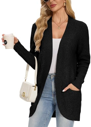 Atxnn Cárdigan Mujer Elegante Waffle Chaqueta de Punto Invierno Delantera Abierta Suéteres con Bolsillos Jersey Cárdigans Cómodo Rebeca Otoño, Negro M