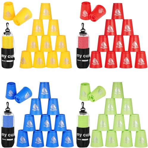 48 Sport-Stacking-Becher (Rot/Blau/Grün/Gelb) für Kinder & Erwachsene | Lufteinlässe reduzieren Widerstand; Innenrippen für Trennung; verstärkte Ränder; Netzbeutel mit Kordelzug & Haken unterwegs