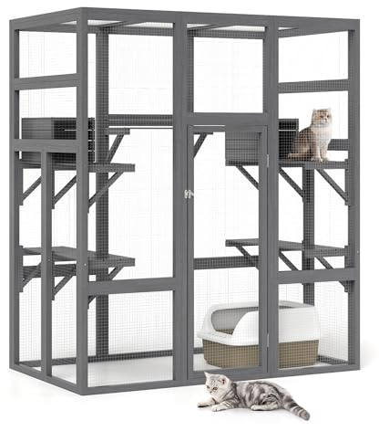 LeFluffy Outdoor Catio Walk-in Cat Cage, 7-Platform Wooden Enclosure Roof | 178×82×159cm | Fir Wood Frame | 7 Platforms | 2 Resting Boxes | Lockable Door | UV Roof | Fits 3-5 Cats | Garden Patio