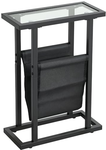 HOMCOM Table d'appoint étroite, Bout de canapé en métal avec Porte-revues et Plateau en Verre trempé, pour Salon, Chambre à Coucher, 40 x 18 x 55,5 cm, Noir