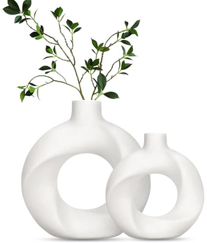 Charmofun Lot de 2 vases à fleurs, blancs, en céramique, ronds, mats, pour fleurs séchées et herbe de la pampa, vases modernes, style bohème, pour nappe de table et décoration de chambre à coucher
