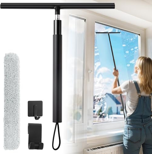 Wlich Duschabzieher Ausziehbar, Schwarz 33-146 cm, Silikon Abzieher Dusche mit Teleskopstiel Tuchbezug Halterung, Flexibler Wasserschieber Einfache Reinigung für Bad Fenster Spiegel Fliesen Boden