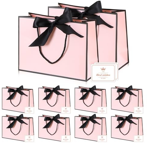 Ideal Swan 10 stycken presentpåsar, presentpåse rosa med handtag, presentförpackning rosa med 10 gratulationskort, liten presentpåse för födelsedagar, fester, bröllop, alla hjärtans dag