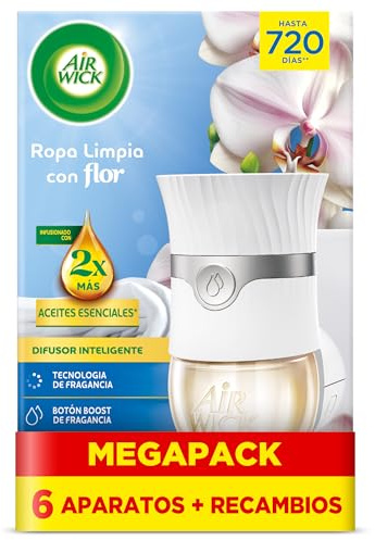 Air Wick Eléctrico Aparato y recambio de ambientador automático eléctrico, con aroma a Ropa Limpia com Flor - 6 Aparatos + 6 Recambios, El embalaje puede variar