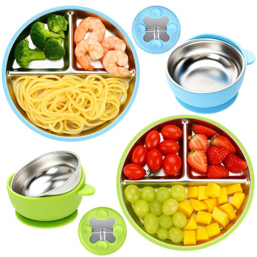 babikeen 4 Pezzi Piatti in Acciaio Inossidabile per Bambini, 2 ciotole per il porridge, Piatto per Bambini con Ventosa, piatto antiscivolo per bambini, senza BPA, lavabile in lavastoviglie