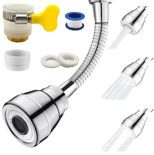 Kitchen Tap Spray Head Tap Adapter - 360° Swivel Kitchen Faucet Extender 3 Water Flow Modes Tap Attachment Tap Extension (22mm/24mm) Standard Faucet Adapter for Kitchen Sink(Silvery)
