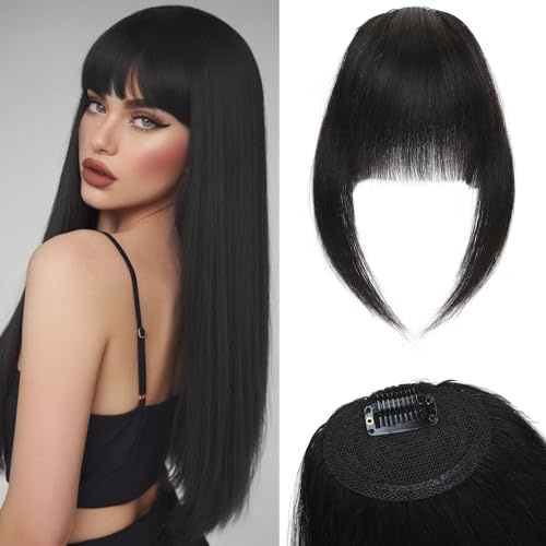 Benehair Clip in Pony Echthaar,Französischer Pony Haarteil Für Damen Tägliches Tragen,Gesicht natürlich umrahmen, 100% Remy Human Hair #1B Natürliches Schwarz Bangs 14g