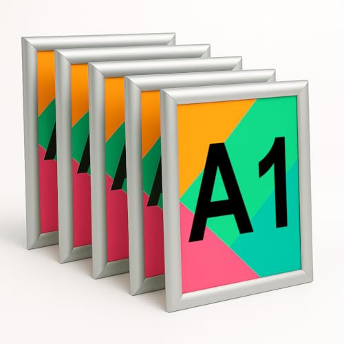 Aluanz Marco plegable A1 plateado – Juego de 5 barras de fotos, marco intercambiable con lámina antirreflectante, listón de póster para montaje en pared, marco de póster vertical y horizontal, marco