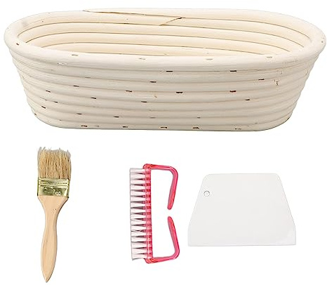 Fictory Juego de cestas de prueba de pan de 25 cm, kit de masa madre ovalada de ratán, incluye raspador de masa, forro de tela, cepillo, logra corteza de calidad de panadería en casa