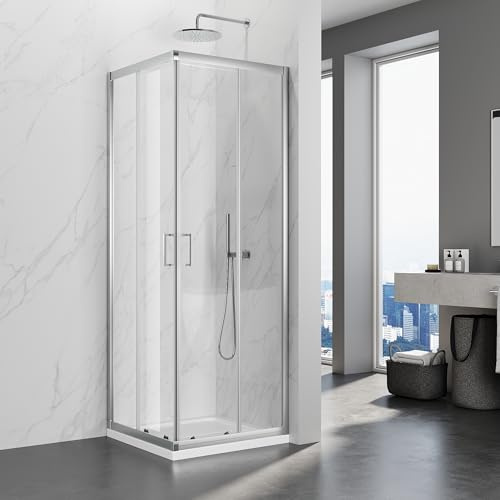 SIRHONA Cabine de Douche 80x80x195 cm Coulissante à Double Ouverture, Porte de Douche en Verre à Deux Panneaux Fixes avec Verre Transparent de 5 mm, Réglable d'un seul côté 20 mm