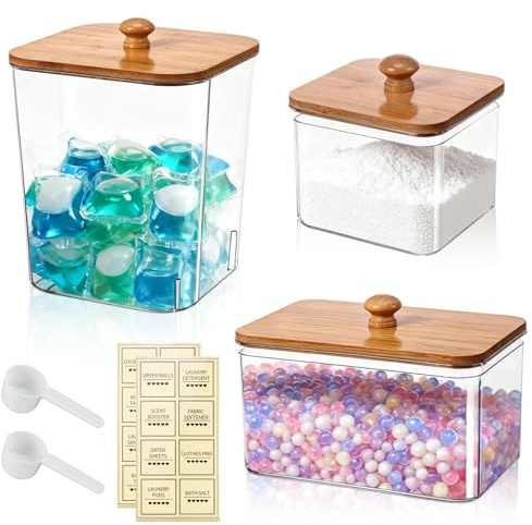 GWBPES Laundry Storage Containers, 3 PCS Washing Powder Storage Laundry Room Accessories Laundry Jars with Lids Labels and Scoops Clear Dryer Sheet Holder for Washing Pods Powder Scent Booster