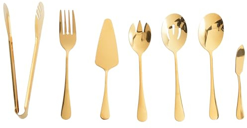 Glam Cutlery Set 7 Pieces Functional Items Butter Knife Fish Fork Salad Fork Cake Shovel Kitchen Tongs Vegetable Spoon Stainless Steel Gold Ziti