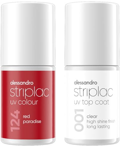 alessandro Striplac UV-Nagellack Red Paradise & Top Coat Clear Bundle - 2x 6,5ml - Deckend & Kratzfest bis zu 15 Tage - Leichtes Auftragen - Schonende Abziehtechnologie - Vegan