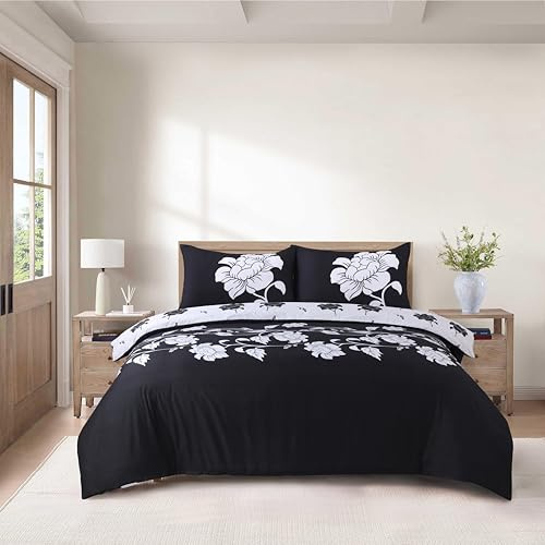 CHARKHAH 4 Piece Complete Bedding Set – Microfiber Reversible Duvet Cover, Deep Fitted Sheet & 2 Pillowcases | Soft, Breathable & Elegant - MF-QA-COM-SET-DOUBLE-RICHMOND-BLACK