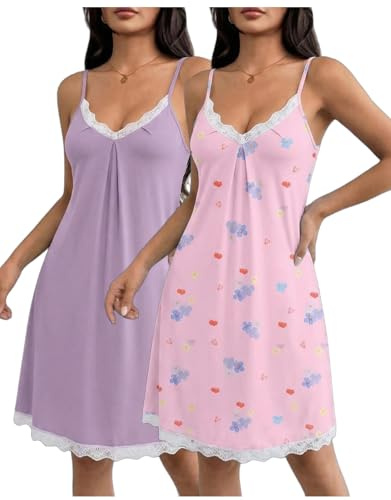 Ekouaer Camisones de Mujer 2 Piezas Sexy Camisón Tirantes de Encaje Dormir Verano Sin Mangas V Cuello Ropa de Descanso Suave Floral Rosa+Lila M