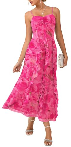 GRACE KARIN Women Summer Dresses Elegant Sweetheart Neck Floral Sleeveless Spaghetti Straps Ruffles Maxi Dress for Wedding Holiday 2XL Rose Red
