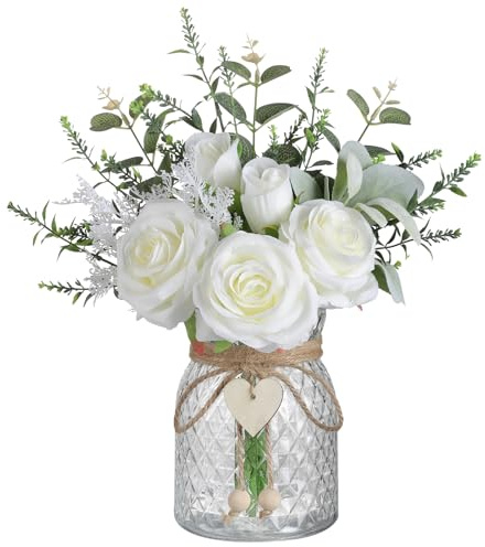 Hobyhoon Artificial Flower With Vase White Rose Flower in Vase Fake Eucalyptus Plant & Silk Flower Arrangements for Home Decor,Office,Table Centerpieces