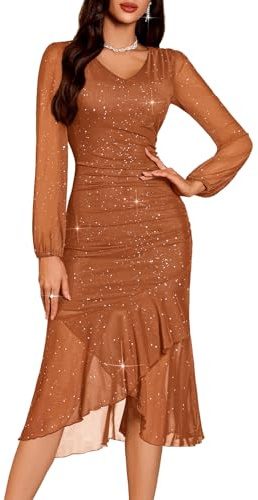 DRESSTELLS Sequin Wedding Guest Dresses for Women UK, Sparkly Long Sleeve Wedding Guest Cocktail Evening Party Prom Bodycon Split Mesh Long Dress Caramel M