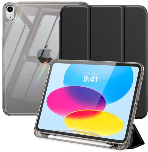 MoKo Cover Custodia per iPad A16, iPad 11/10 Gen 11/10.9 Pollici, Nero | Portapenna, Supporto Tri-Pieghevole, Retro in TPU Trasparente, Auto Svegliati/Sonno, Resistente All'ingiallimento