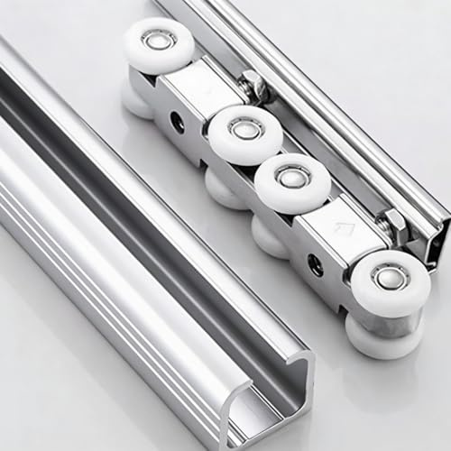 FT Heavy Duty Skjutdörrskit för ladugårdsdörr – 148 cm spårset med 8 hjul och handtag yttre dolt flexibelt skensystem för dubbeldörrar silverfinish