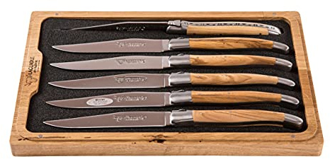 Laguiole en Aubrac Steakmesser, Set mit 6 Stück, Griff aus Olivenholz, Original aus Frankreich, mit Echtheitszertifikat und schöner Aufbewahrungsbox aus Holz | Holz-Leute