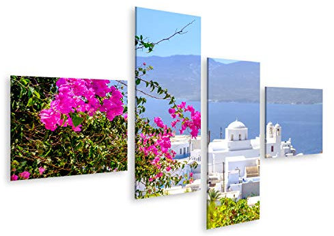 Bild Bilder auf Leinwand Landschaftsansicht des traditionellen griechischen kykladischen Dorfes mit Blumen im Vordergrund und selektivem Fokus, Plaka, Griechenland Wandbild, Poster, Leinwand