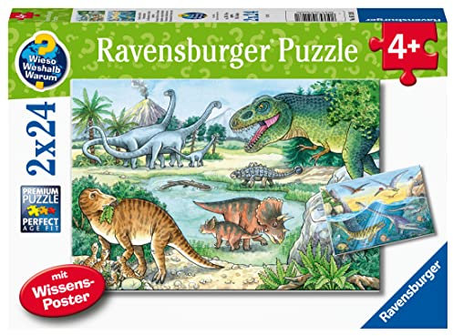 Ravensburger Kinderpuzzle - 05128 Saurier und ihre Lebensräume - 2x24 Teile Wieso? Weshalb? Warum? Puzzle für Kinder ab 4 Jahren