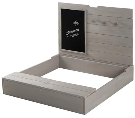 roba Sandkasten aus Holz mit Deckel - Sandkiste aufklappbar mit Tafel & 3 Haken - Wetterfest Abdeckung - Umweltfreundliches Massivholz grau lasiert