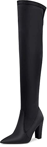 NobleOnly Femme Bottes Au-dessus du Genou Fermeture Eclair Bloc Talon 10CM High Heels Boots Noir Satin Chaussures EU 41