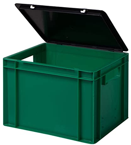 Stabil professionell förvaringslåda, stapellåda, eurolåda, stapellåda med lock, plastlåda, finns i 5 färger och 21 storlekar för industri, affärer, hushåll (grön, 40 x 30 x 28 cm)