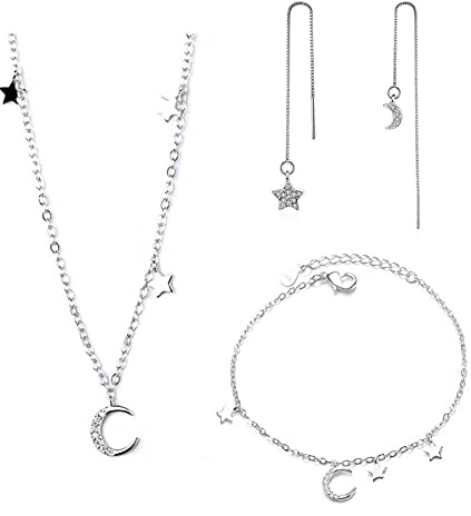HCMA Plata de Ley 925 Encanto de Verano Micro Zircon Luna Estrella Collar Corto Pulsera Pendientes Conjuntos de Joyas para Mujer niña