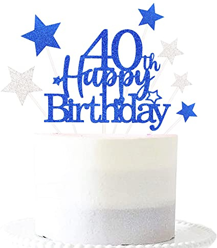 Pargleev Royal Blue 40th Birthday Cake Topper with Glittery Stars | 7-piece Royal Blue 40th set: 1 glittery 'Happy Birthday' topper + 6 star cupcake toppers; just place on the cake