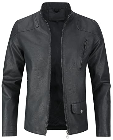 Sliktaa Hommes Blouson en Similicuir Écologique d'hiver avec Un Col Montant Haut de Transition Matelassee Moto Pilote Zippé Fermeture Eclair Casual Veste en Cuir Cool Classique #PY07 Noir S