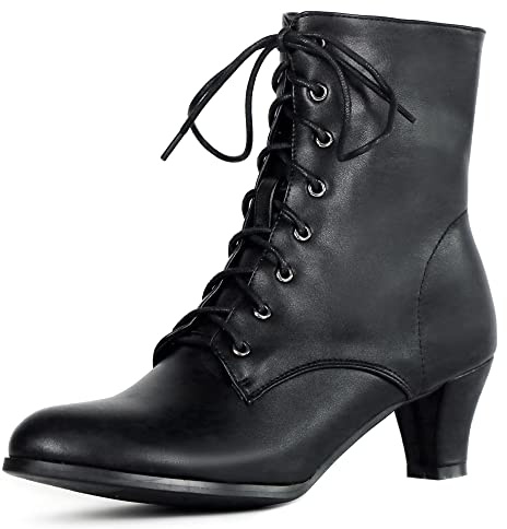 Cozivwaiy Women Black Victorian Boots Vintage Ankle Boots for Medieval Ren Pirate Costume 70s Lace up Boot 2.36 Inches Mid Heel Witch Granny Booties Zipper Almond Toe 8
