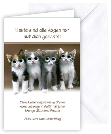 KE - Lustige und Tierische Geburtstagskarte mit Wackelaugen, DIN B6 Klappkarte inkl. Umschlag, Besondere Karte zum Geburtstag, Geschenk, Motiv: Katzen
