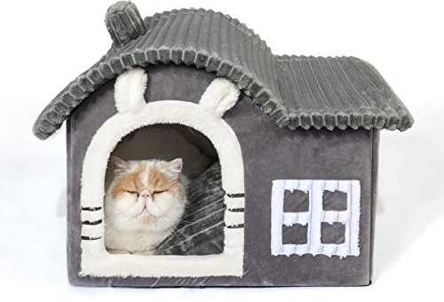 Jiupety Bärenohren-Katzenhaus Indoor, Schornstein-Katzenbett Höhle, Katzenhöhle Warm für 1.4-6.8 kg Katze und Hunde, Faltbare Mit Herausnehmbarem Cat House Cat Bed für alle Jahreszeiten
